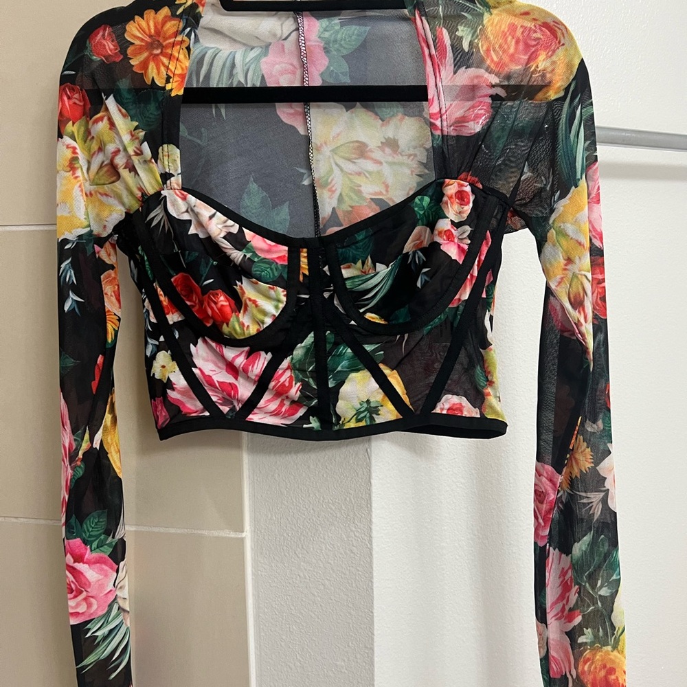 Floral Long Sleeve Mesh Top - Picture 2 of 2
